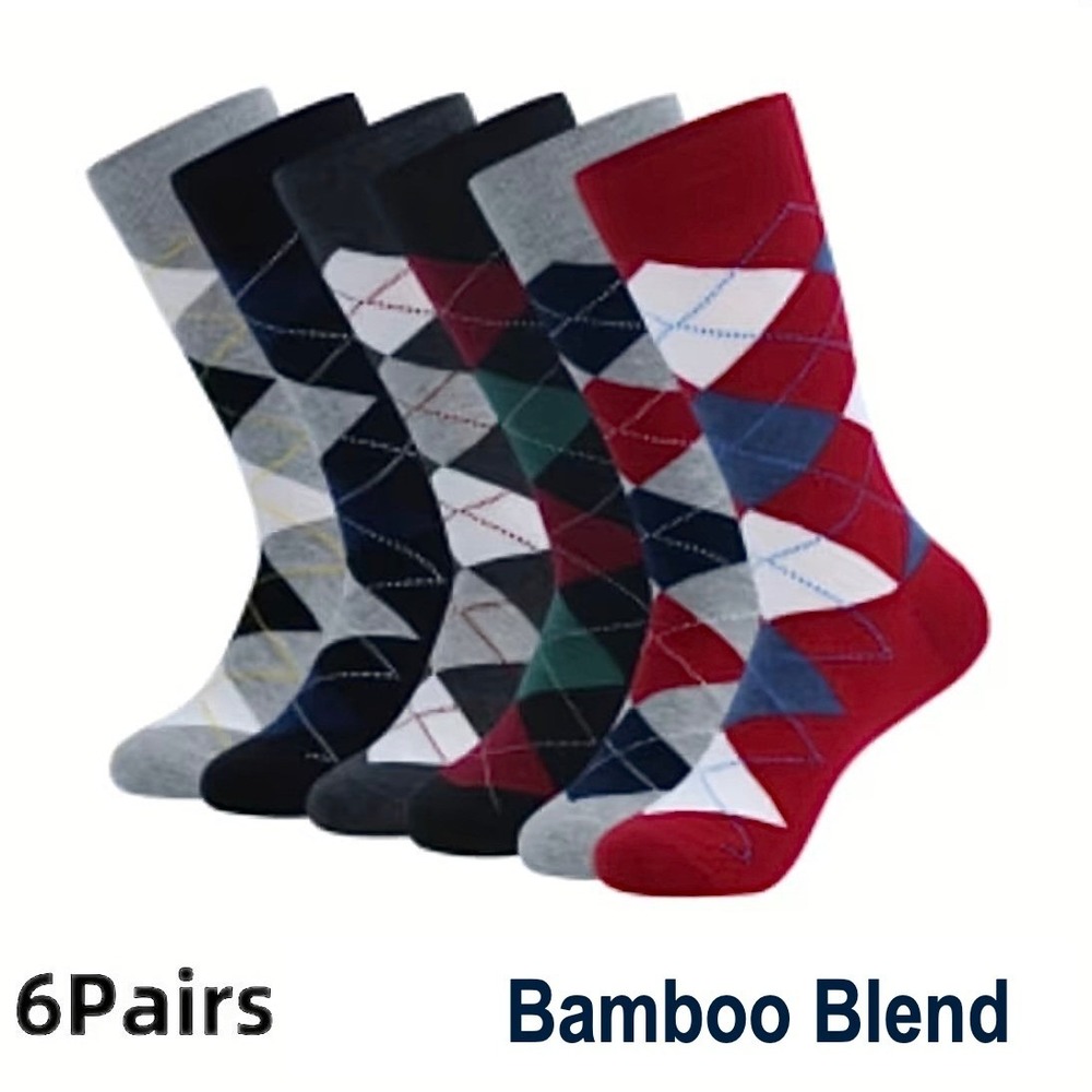 Men's Argyle Diamond Dress Socks Bamboo Blend Retro Vintage Vibes 6 Pairs OS NEW